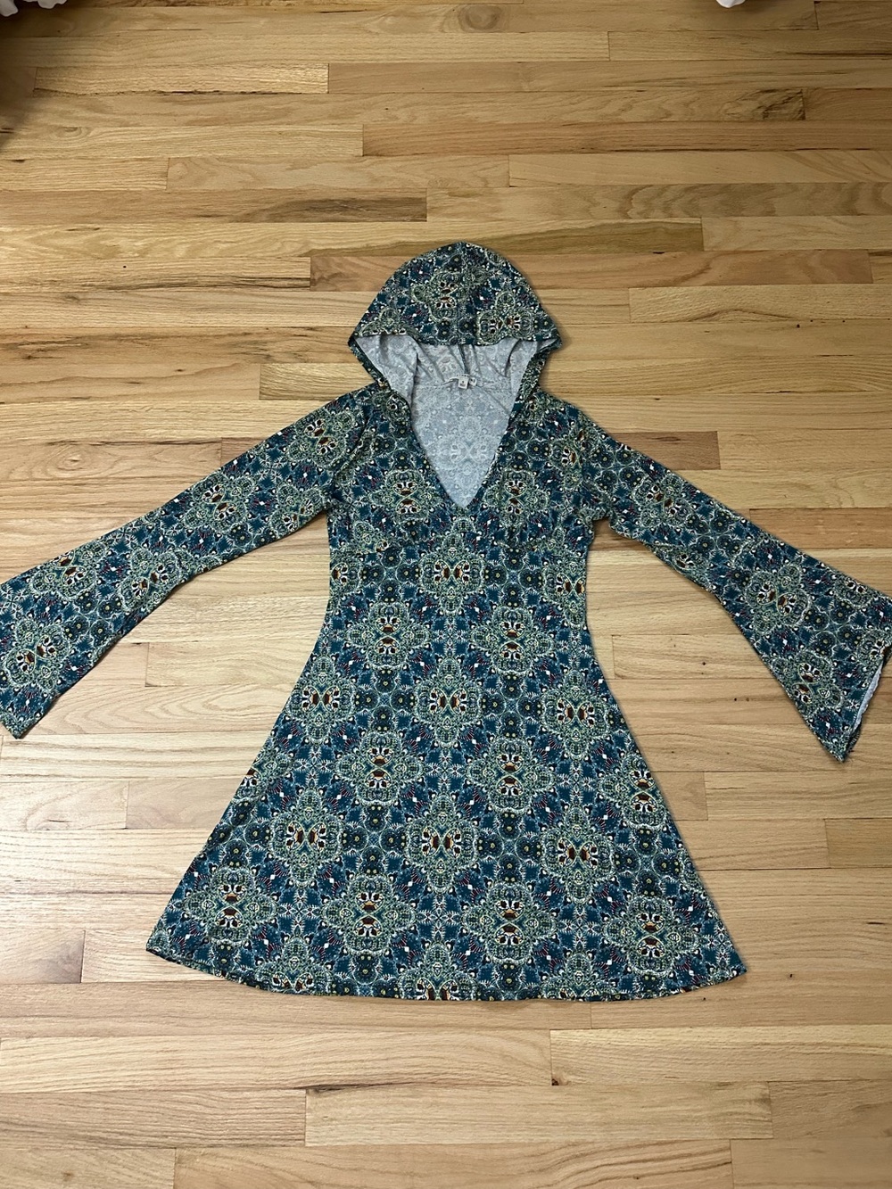 Hooded V-Neck Floral A-Line Dress